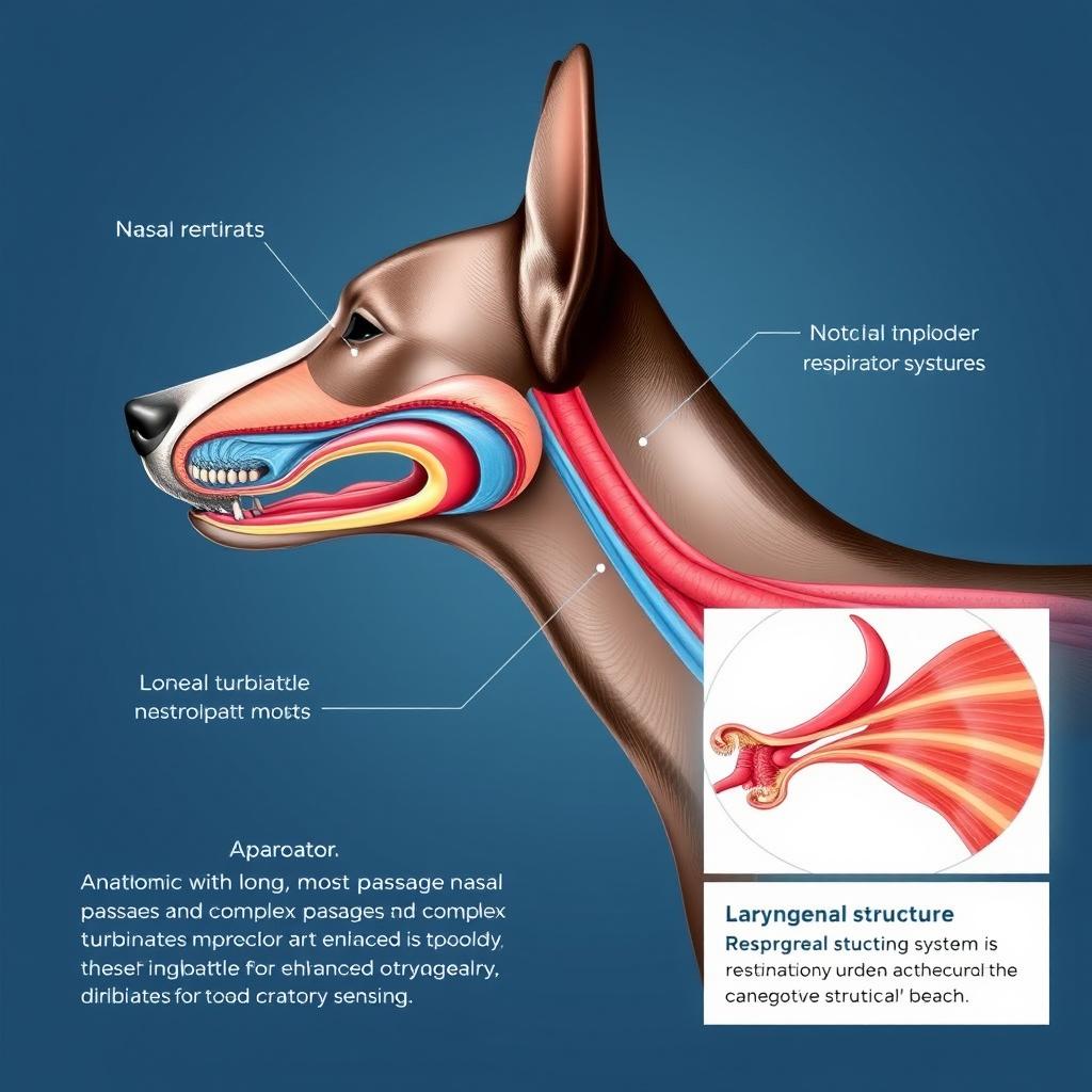 An anatomical illustration of the respiratory system of a dog, emphasizing the nasal anatomy with long, moist nasal passages and complex turbinates for enhanced olfactory sensing
