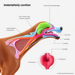 An anatomical illustration of the respiratory system of a dog, emphasizing the nasal anatomy with long, moist nasal passages and complex turbinates for enhanced olfactory sensing