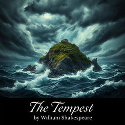 An evocative artistic representation of "The Tempest" by William Shakespeare, featuring a strikingly rugged island in the foreground surrounded by tumultuous waves