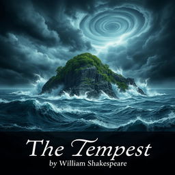 An evocative artistic representation of "The Tempest" by William Shakespeare, featuring a strikingly rugged island in the foreground surrounded by tumultuous waves