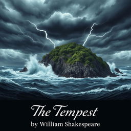 An evocative artistic representation of "The Tempest" by William Shakespeare, featuring a strikingly rugged island in the foreground surrounded by tumultuous waves