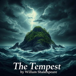 An evocative artistic representation of "The Tempest" by William Shakespeare, featuring a strikingly rugged island in the foreground surrounded by tumultuous waves
