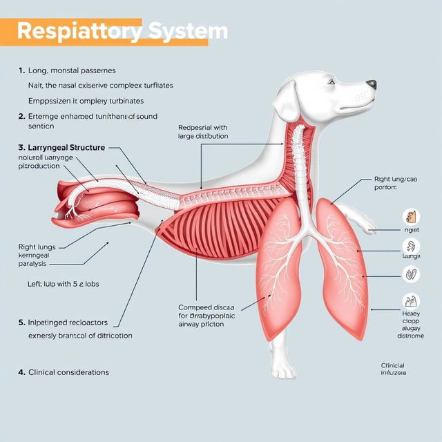 A detailed anatomical illustration of the respiratory system of dogs, featuring: 1