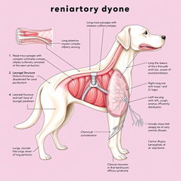 A detailed anatomical illustration of the respiratory system of dogs, featuring: 1