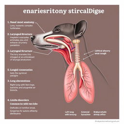 A detailed anatomical illustration of the respiratory system of dogs, featuring: 1