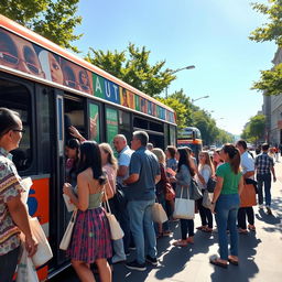 A lively scene depicting a group of diverse people boarding a colorful public bus at a bustling city street