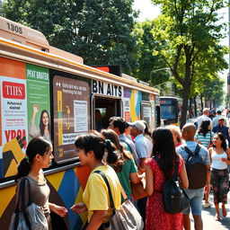 A lively scene depicting a group of diverse people boarding a colorful public bus at a bustling city street