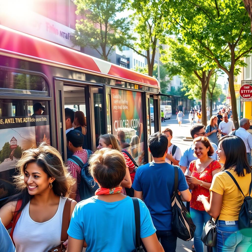 A lively scene depicting a group of diverse people boarding a colorful public bus at a bustling city street