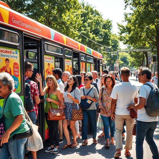 A lively scene depicting a group of diverse people boarding a colorful public bus at a bustling city street
