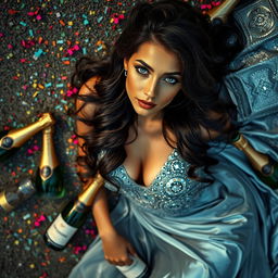 An Italian woman with long dark wavy hair and striking blue eyes, elegantly laying on the ground in a stunning silver dress