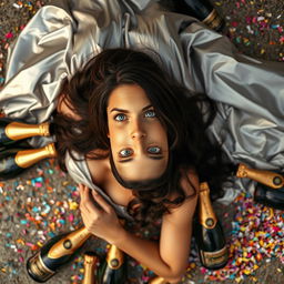 An Italian woman with long dark wavy hair and striking blue eyes, elegantly laying on the ground in a stunning silver dress