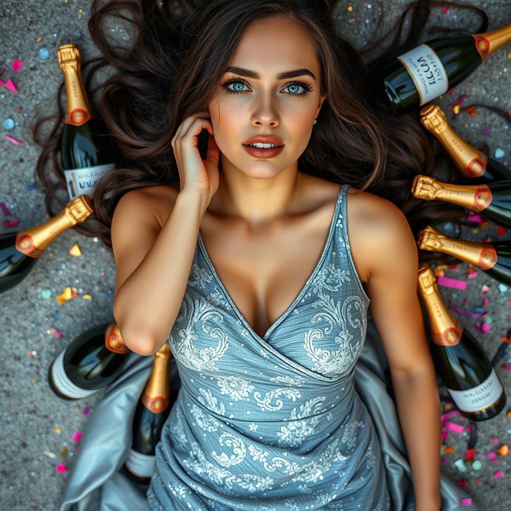 An Italian woman with long dark wavy hair and striking blue eyes, elegantly laying on the ground in a stunning silver dress