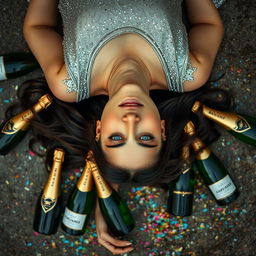 An Italian woman with long dark wavy hair and striking blue eyes, elegantly laying on the ground in a stunning silver dress