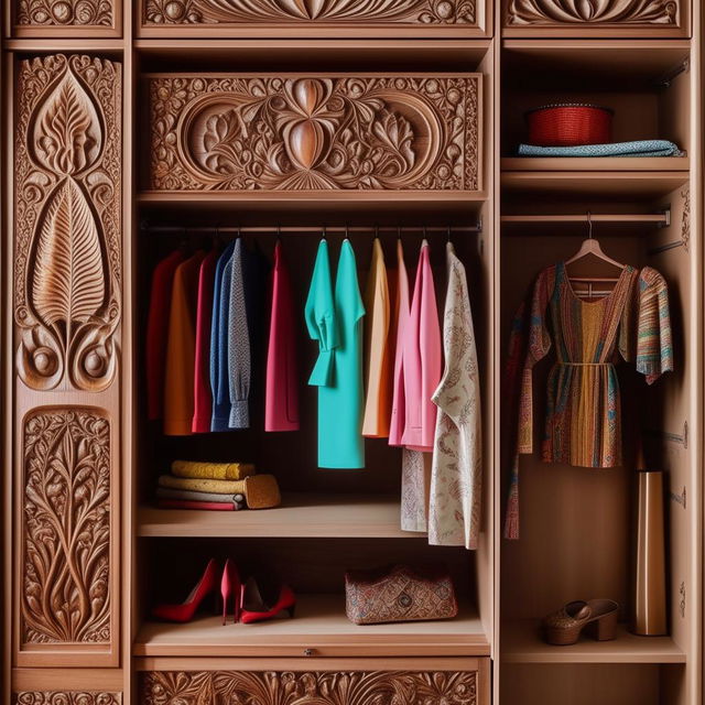 An elegant wooden wardrobe with intricate carvings, filled with an assortment of colorful stylish clothes neatly arranged