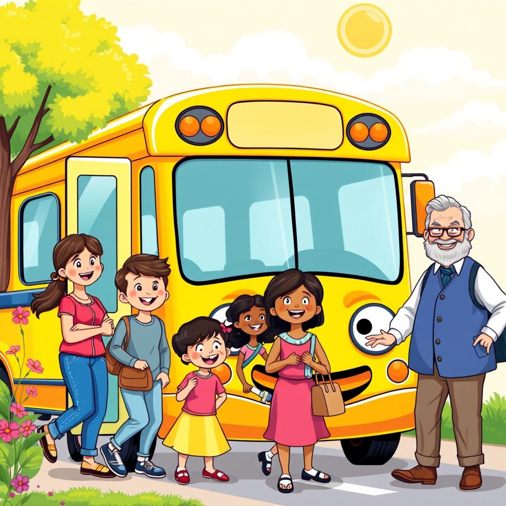 A colorful cartoon-style illustration of a cheerful bus stop scene