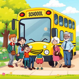 A colorful cartoon-style illustration of a cheerful bus stop scene