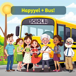 A colorful cartoon-style illustration of a cheerful bus stop scene