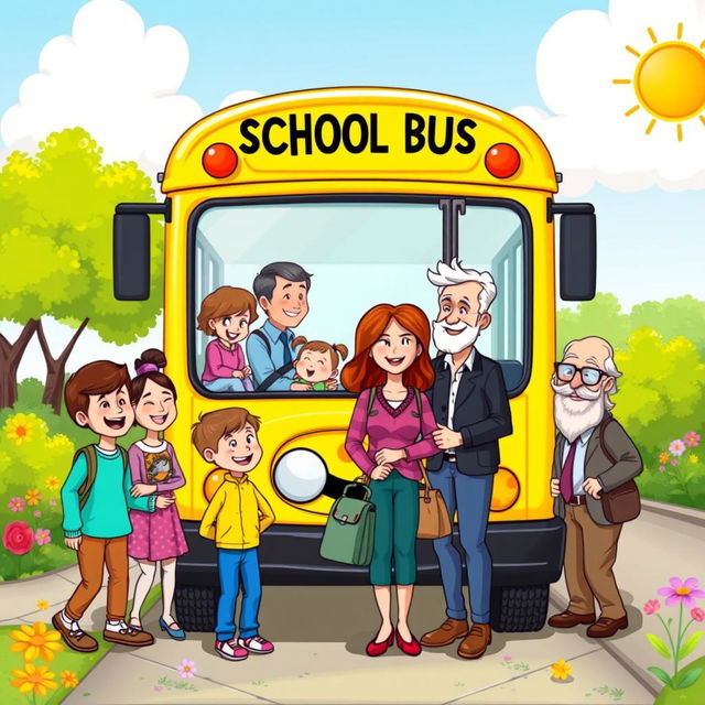 A colorful cartoon-style illustration of a cheerful bus stop scene