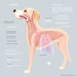 An educational and detailed illustration of the canine respiratory system, specifically highlighting the anatomy of dogs