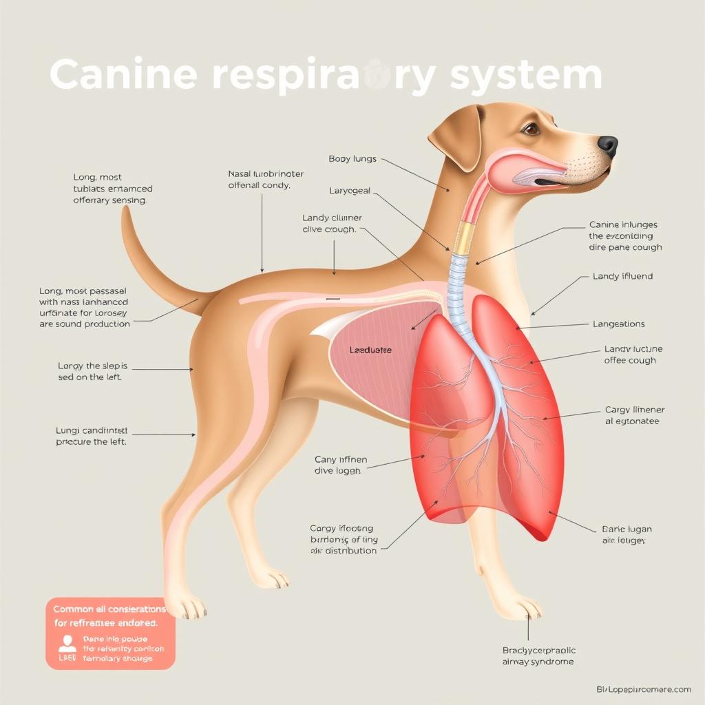 An educational and detailed illustration of the canine respiratory system, specifically highlighting the anatomy of dogs