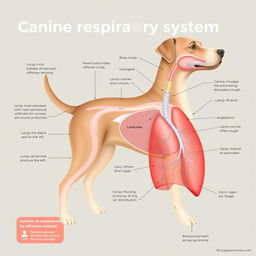 An educational and detailed illustration of the canine respiratory system, specifically highlighting the anatomy of dogs