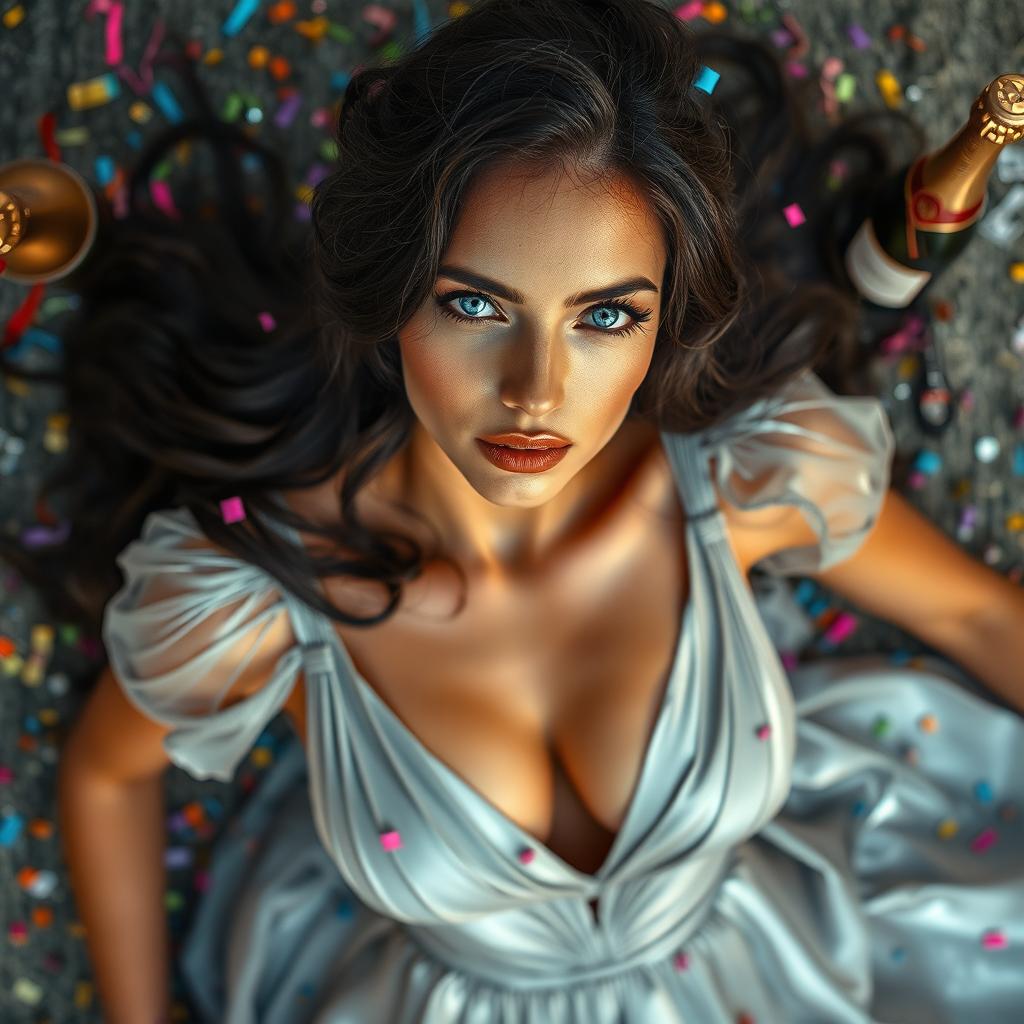 An Italian woman with long dark wavy hair and captivating blue eyes, gracefully laying on the ground in a stunning silver dress