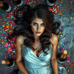 An Italian woman with long dark wavy hair and captivating blue eyes, gracefully laying on the ground in a stunning silver dress