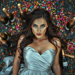 An Italian woman with long dark wavy hair and captivating blue eyes, gracefully laying on the ground in a stunning silver dress