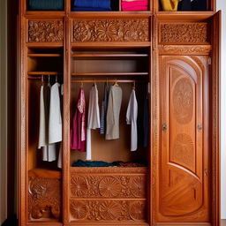 An elegant wooden wardrobe with intricate carvings, filled with an assortment of colorful stylish clothes neatly arranged