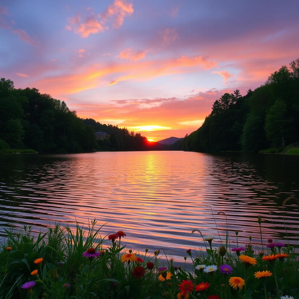 A serene landscape featuring a beautiful sunset over a calm lake surrounded by lush green trees and colorful wildflowers in the foreground