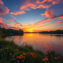 A serene landscape featuring a beautiful sunset over a calm lake surrounded by lush green trees and colorful wildflowers in the foreground