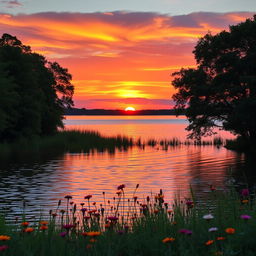 A serene landscape featuring a beautiful sunset over a calm lake surrounded by lush green trees and colorful wildflowers in the foreground