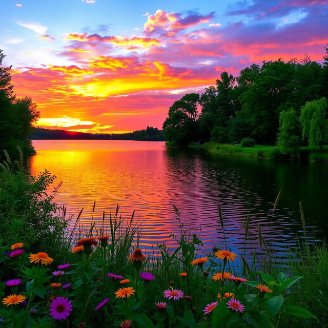 A serene landscape featuring a beautiful sunset over a calm lake surrounded by lush green trees and colorful wildflowers in the foreground
