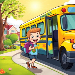 A cheerful cartoon scene depicting a young child with a backpack happily getting onto a brightly colored school bus
