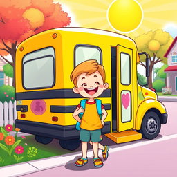 A cheerful cartoon scene depicting a young child with a backpack happily getting onto a brightly colored school bus