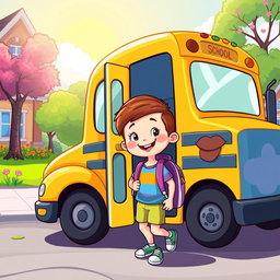 A cheerful cartoon scene depicting a young child with a backpack happily getting onto a brightly colored school bus