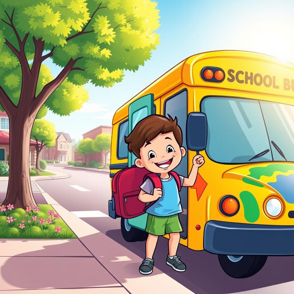 A cheerful cartoon scene depicting a young child with a backpack happily getting onto a brightly colored school bus