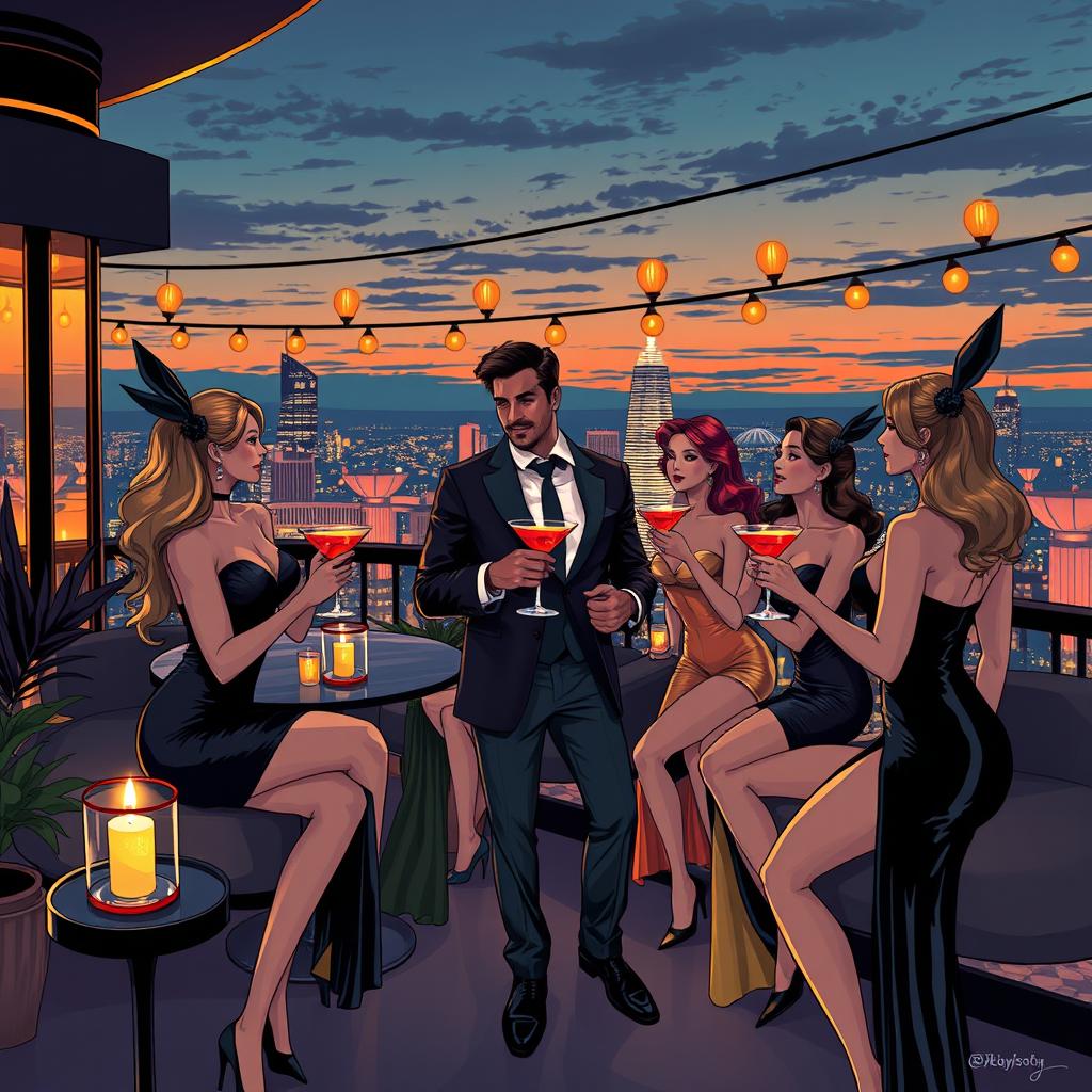 A stylish and sophisticated illustration depicting a 'Playboy' party scene