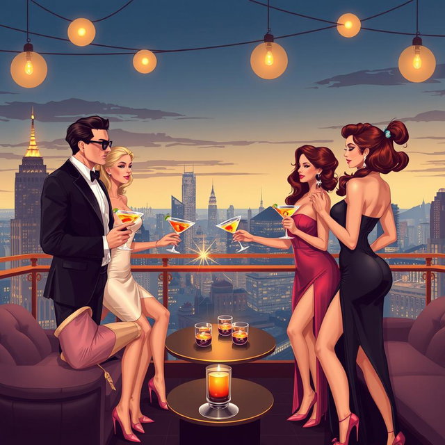 A stylish and sophisticated illustration depicting a 'Playboy' party scene