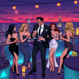 A stylish and sophisticated illustration depicting a 'Playboy' party scene