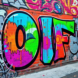 A vibrant street art graffiti mural featuring the word 'OF' in large, bold letters