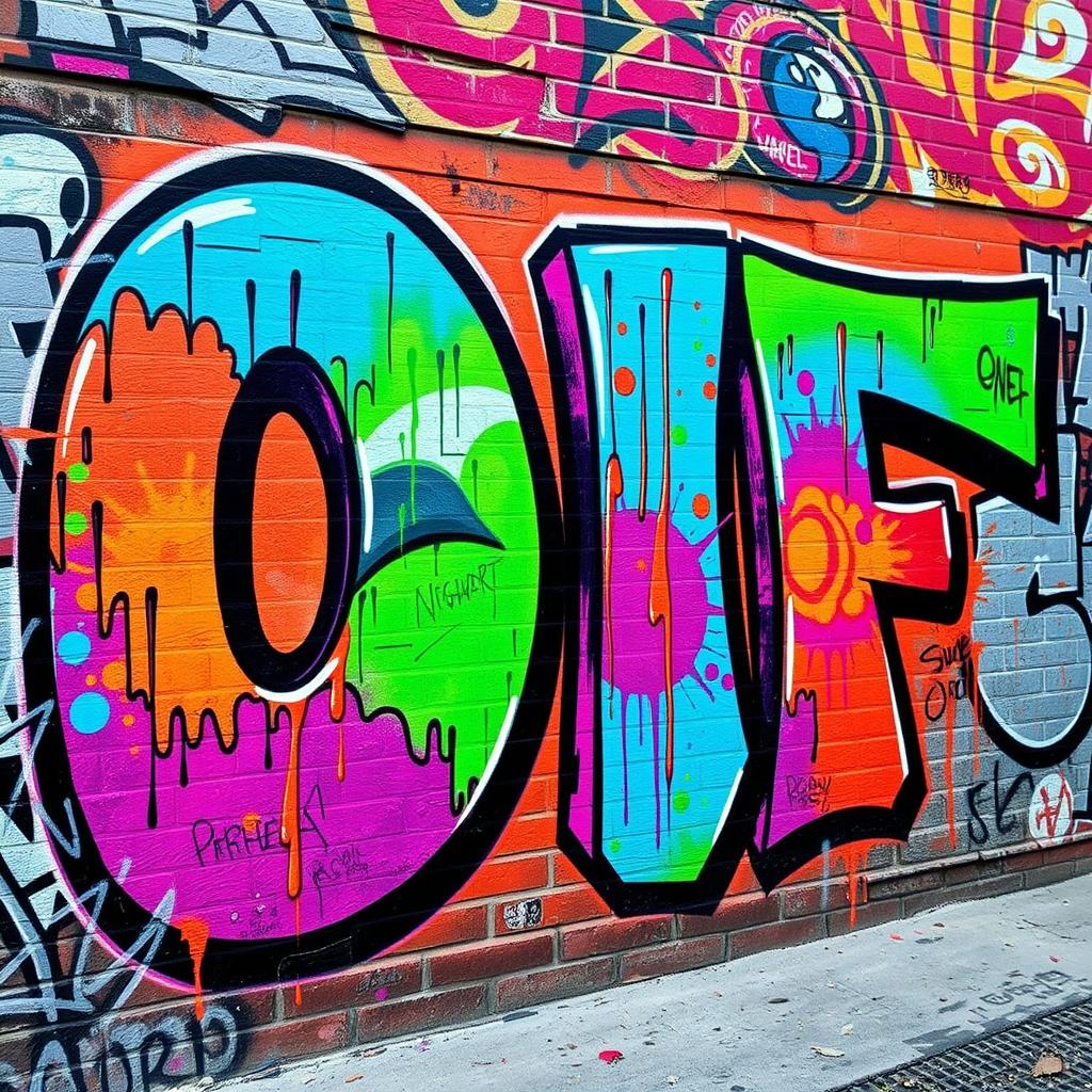 A vibrant street art graffiti mural featuring the word 'OF' in large, bold letters