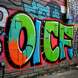 A vibrant street art graffiti mural featuring the word 'OF' in large, bold letters