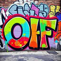 A vibrant street art graffiti mural featuring the word 'OF' in large, bold letters