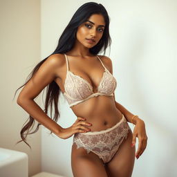 An Indian model posing confidently in elegant lingerie that highlights her figure