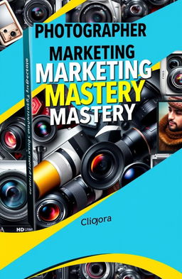 An eye-catching e-book cover design for 'Photographer Marketing Mastery' by Cliqora, featuring a vibrant and engaging layout