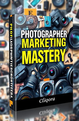 An eye-catching e-book cover design for 'Photographer Marketing Mastery' by Cliqora, featuring a vibrant and engaging layout