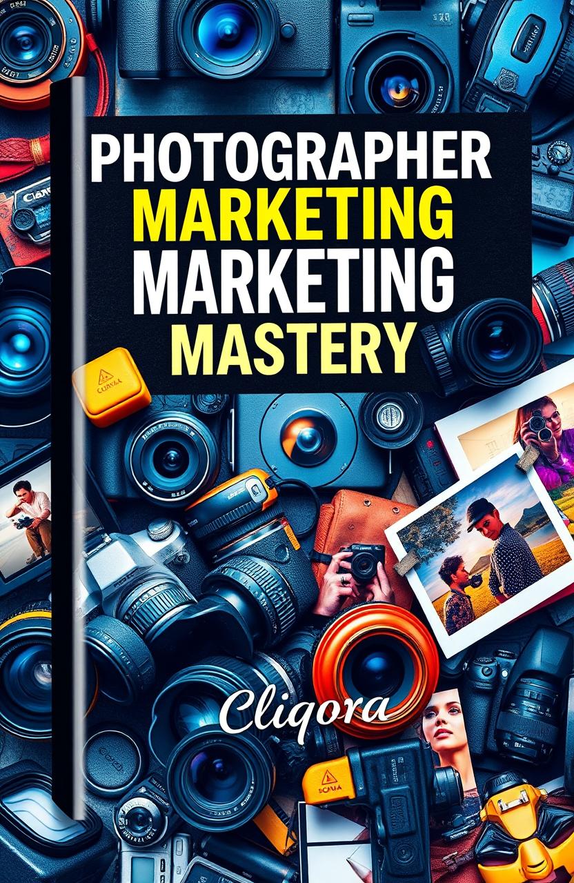 An eye-catching e-book cover design for 'Photographer Marketing Mastery' by Cliqora, featuring a vibrant and engaging layout