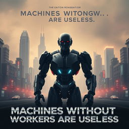 An intriguing movie poster for a dystopian film titled 'Machines Without Workers Are Useless'