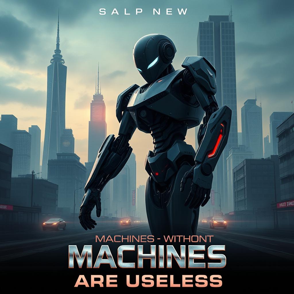 An intriguing movie poster for a dystopian film titled 'Machines Without Workers Are Useless'